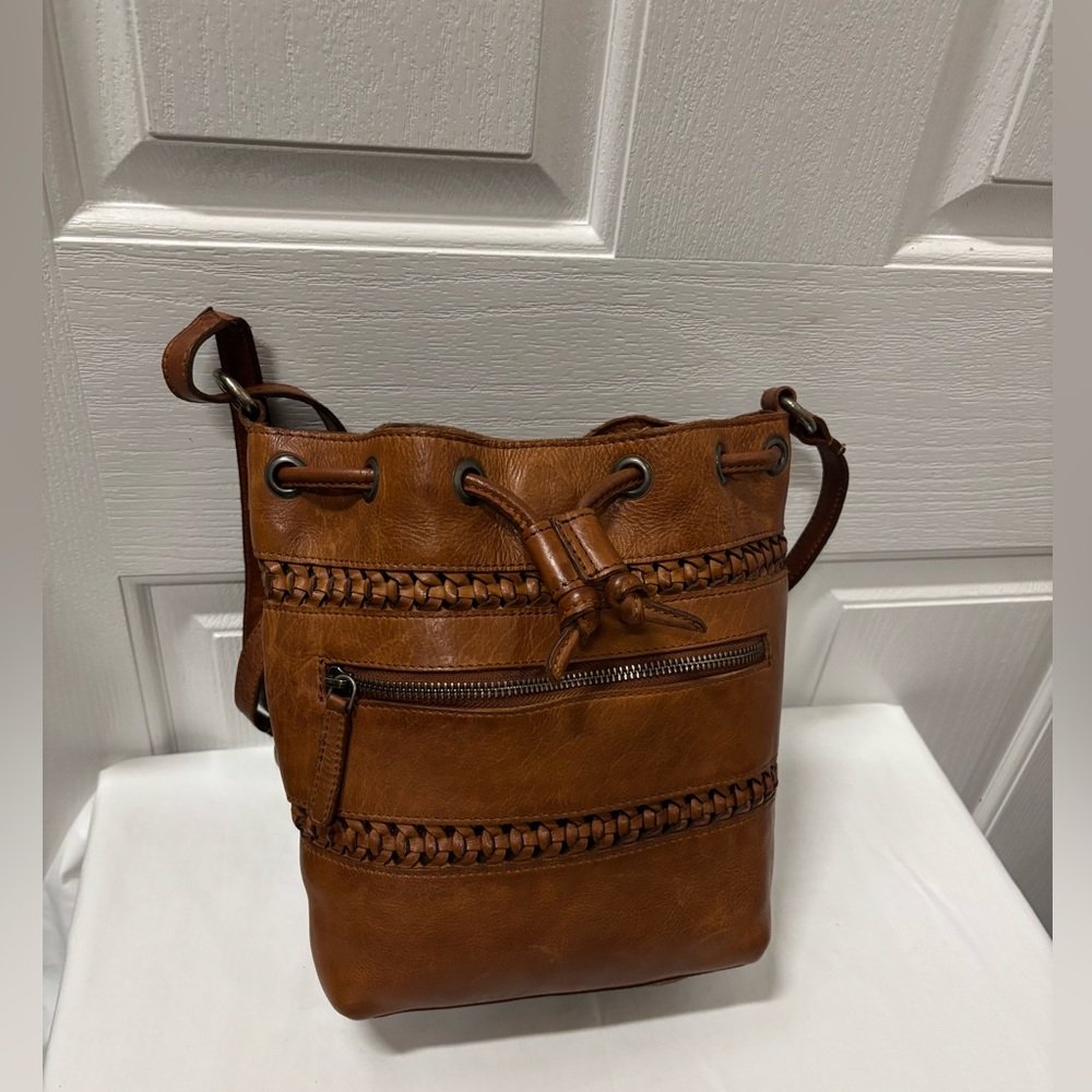 Valencia Brown Leather Crossbody Bucket Bag Purse 11x11”.